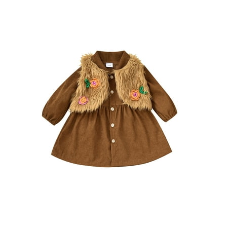 

Bagilaanoe 2Pcs Toddler Baby Girl Fall Outfits Long Sleeve Corduroy A-line Dresses + Plush Floral Vest 3M 6M 9M 12M 18M 24M 3T Infant Dress Set
