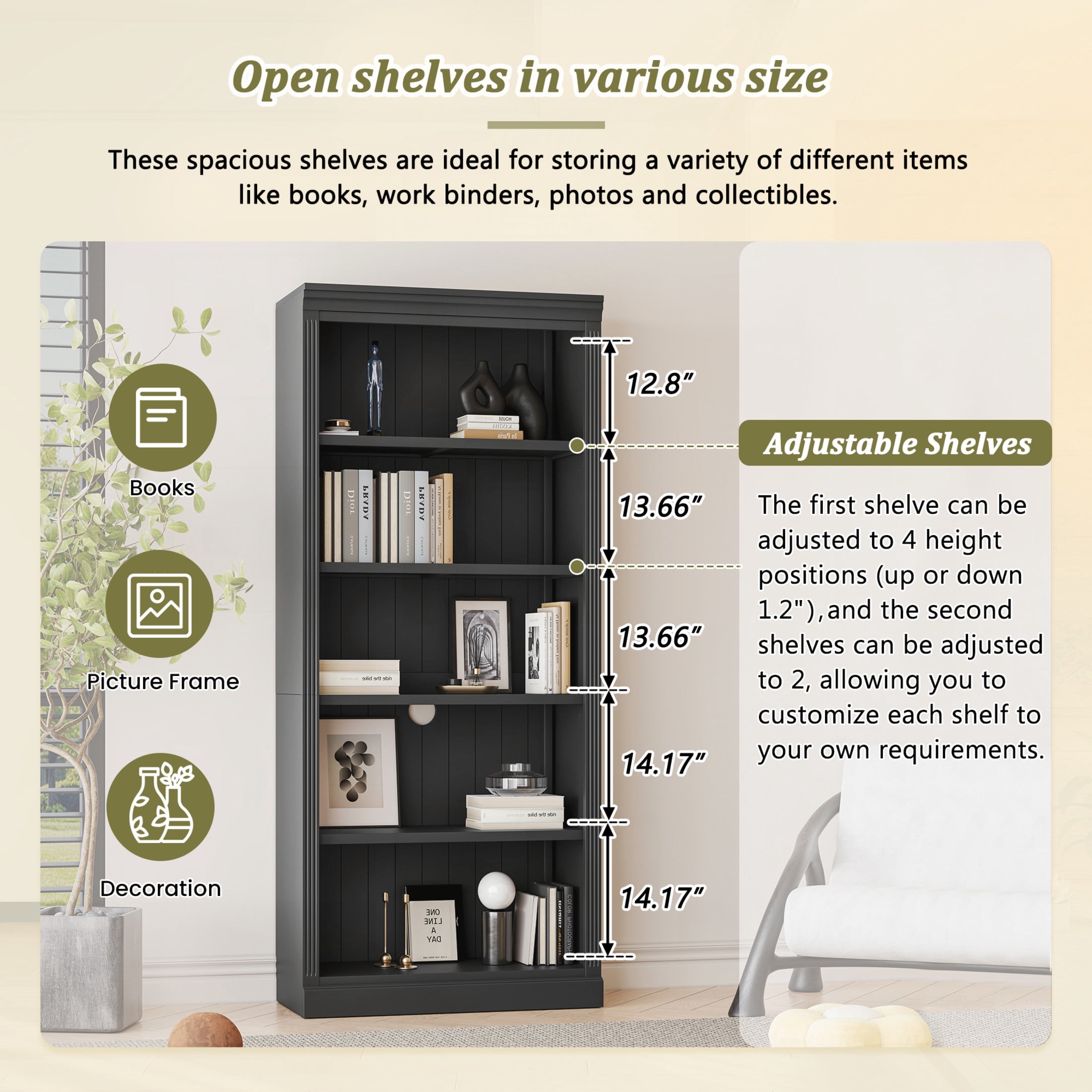 GDF Studio Halden 83.4" 5-Tier Bookcase with LED Light, Adjustable Shelves & Cable Hole, Storage Bookshelf, Black, Set of 2