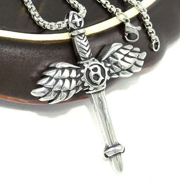 HOOUN Mens Silver Angel Wing Sword Cross Pendant Necklace Stainless Steel Chain 24"