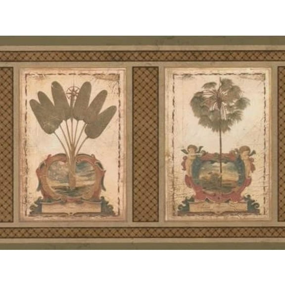 Concord Wallcoverings Wallpaper Border Exotic Plants Pattern Palm Trees Vintage Collage for Living Room, Green Red Beige Gold Grey, 9 Inches by 15 Feet AU5084B