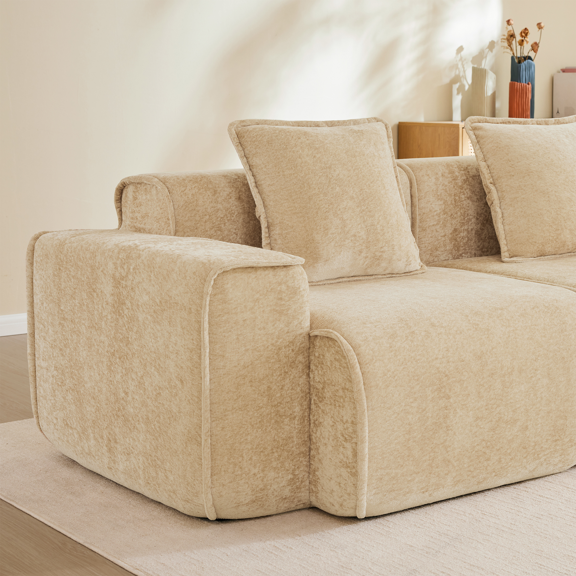 Leumius 2 Seater Cloud Loveseat Sofa,Modular Velvet Fabric Deep Seat Boneless Couch with 2 Throw Pillows,Square Arm Sofa for Living Room Apartment,No Assembly,Light Camel