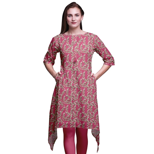 Bimba Kurti Asymétrique Rose à Imprimé de Feuilles de Nasturtium pour Femmes, Robe d'Été Indienne Tunique Petite