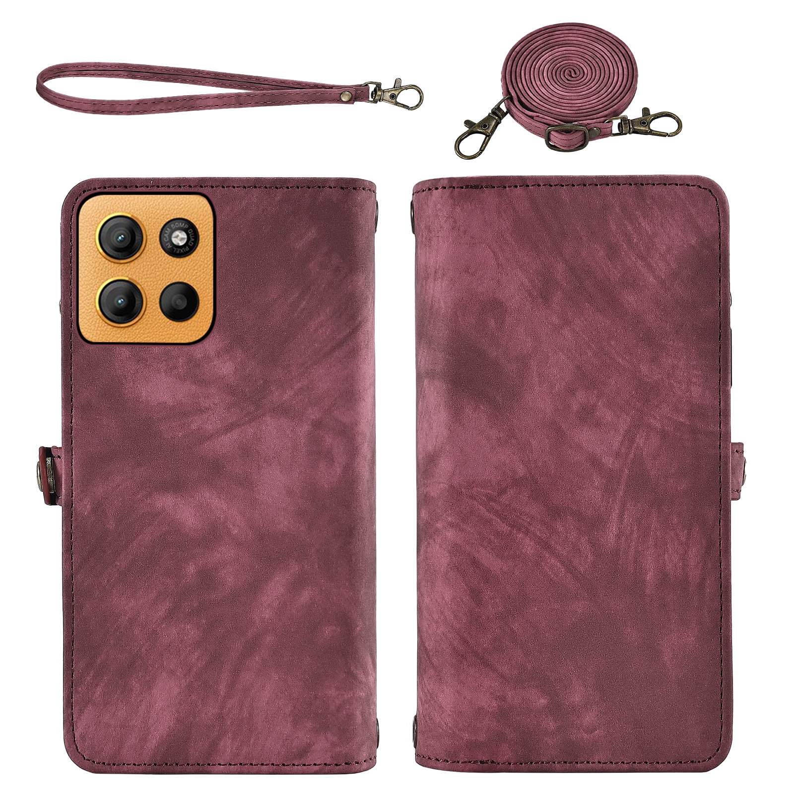 Asuwish Phone Case for Motorola Moto G15 4G Lte Zipper Wallet Detachable Cell Cover with Tempered Glass Screen Protector Crossbody Lanyard Strap Flip Card Holder MotoG15 G 15 XT2521-2 Women Girls Red