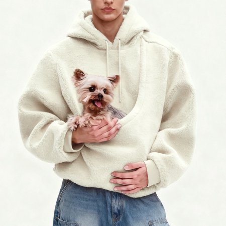 GrmtClth Unisex Cat Dog Pouch Hoodie Fuzzy Fleece Carry Pouch Puppy Kitten Holder Fashion Cozy Soft Carrying Sweatshirt with Pet Pocket Beige XXL