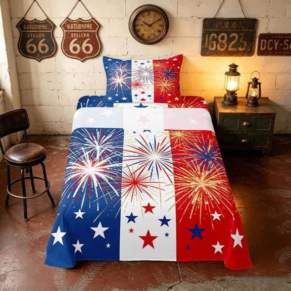Manfei Firework Star Twin Sheets, Red White Blue Stripe Bedding, Black Reversible 3-Piece (1 Flat Sheet, 1 Fitted Sheet and 1 Pillowcase)