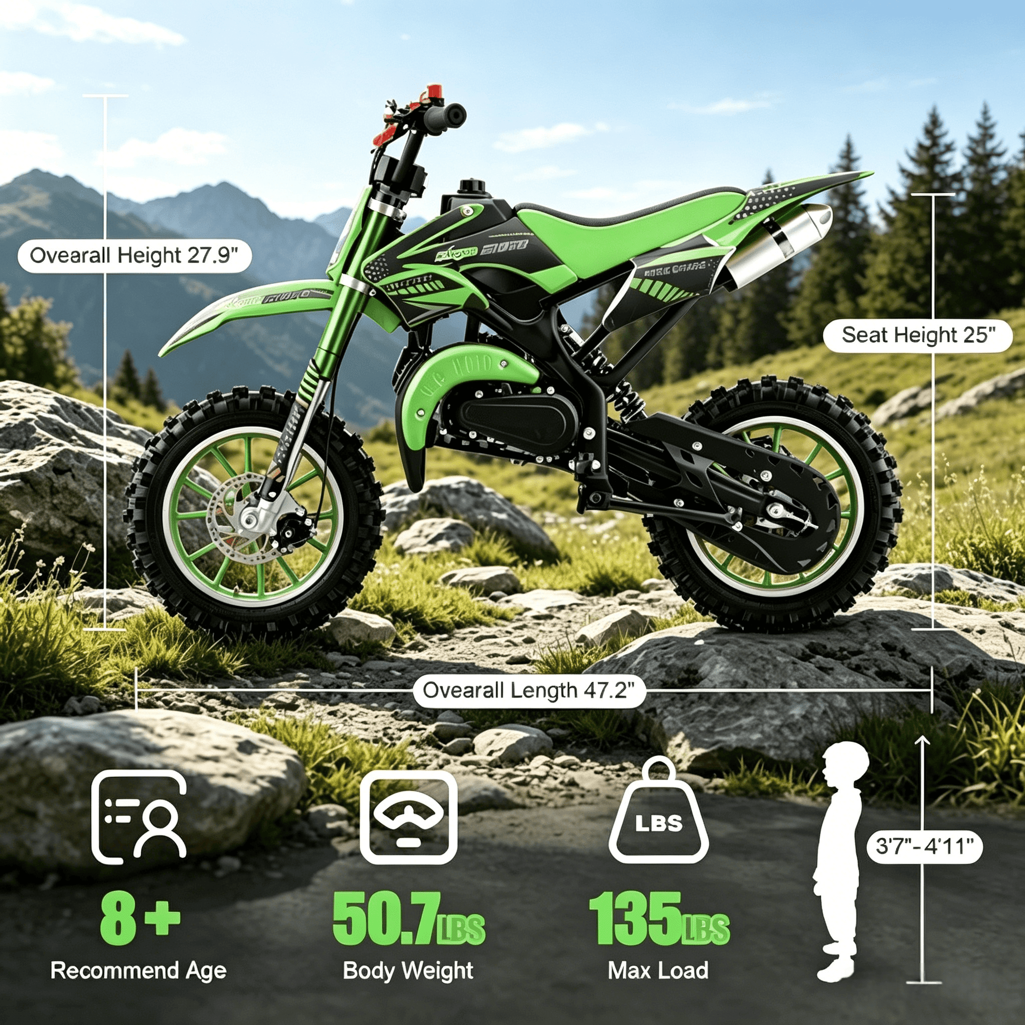Ktoebyco 49cc Kids Mini Dirt Bike, 2-Stroke Gas-Powered Motorcycle, 1.5L Fuel Capacity,Green