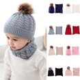 thumbnail image 2 of MesaSe 1 Set Baby Beanie Hat Scarf Solid Color Twist Pattern Autumn Winter Windproof Fluffy Pompom Cap Set for Outdoor, 2 of 10
