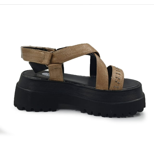 Sandalia con plataforma de piel ecológica con tachuelas de colores, plataforma de 4 cm