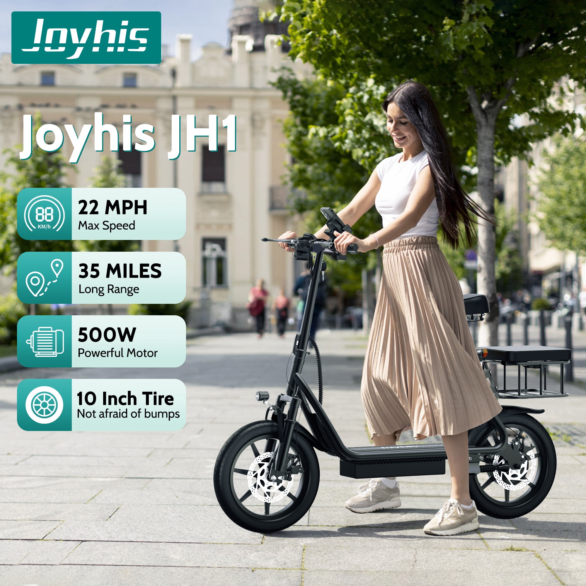 JOYHIS JH1Pro Electric Scooter with Seat for Adult, 20MPH Speed Power by 500W Motor, 48V/22.5Ah Wider Deck & Height Adujustable Seat with Carry Basket UL2272 Certified