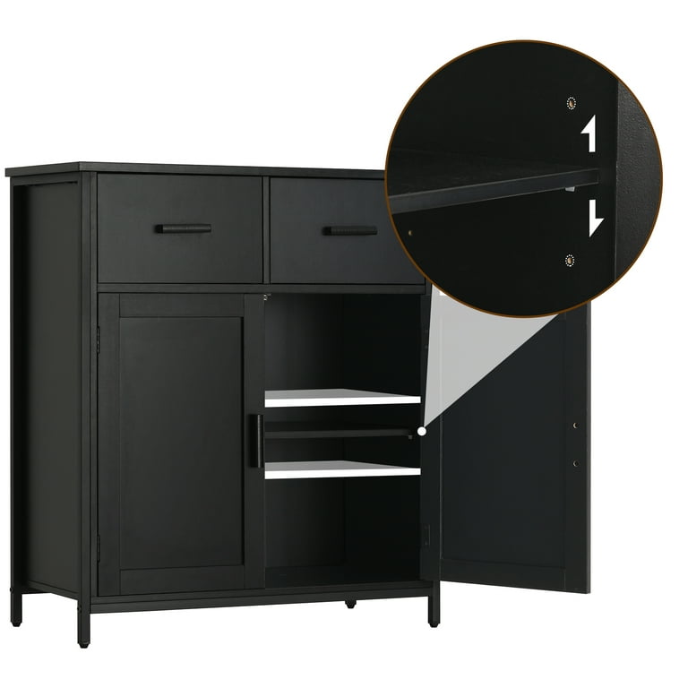 usikey Storage Cabinet, Industrial Floor Cabinet with 2 Drawers & Doors,  Freestanding Storage Cabinet with 1 Shlef & Metal Frame, Sideboard, Accent