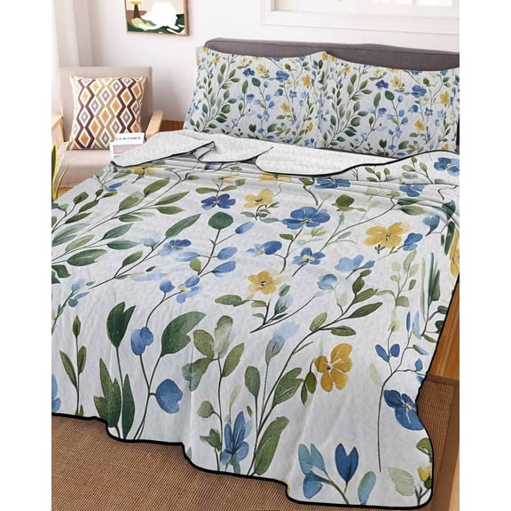 Blue Yellow Floral Spring Full Size Down Alternative Comforter,Lightweight Comforter Quilt Bedding Set with Pillow Shams Summer Pastoral Botanical Green All Seasons Bed Comforter Duvet Insert 78"x90"