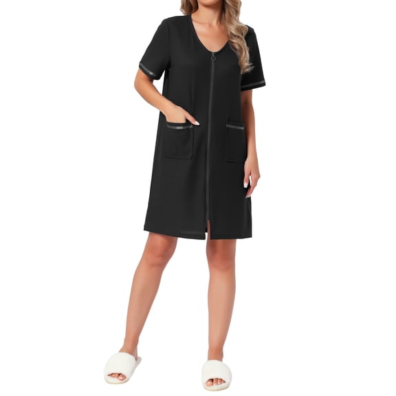 INSPIRE CHIC Womens Zipper Robes Front Open Knit Short Bathrobe Collarless House Coat with Pockets Soft Nightgown M Black