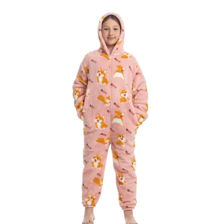 

Unisex Kids Corgi Print One Piece Pajamas Hooded Fleece Lounge Wear Home Wear House Wear For Winter Snow Weather Kids Clothes