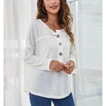 thumbnail image 2 of Blusa de mujer de manga larga con botones y hombros caídos, cuello redondo, moda informal, blusa blanca L, 2 of 7