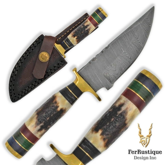 FRD: Damascus Deer Antler Skinner Knife - Collectible
