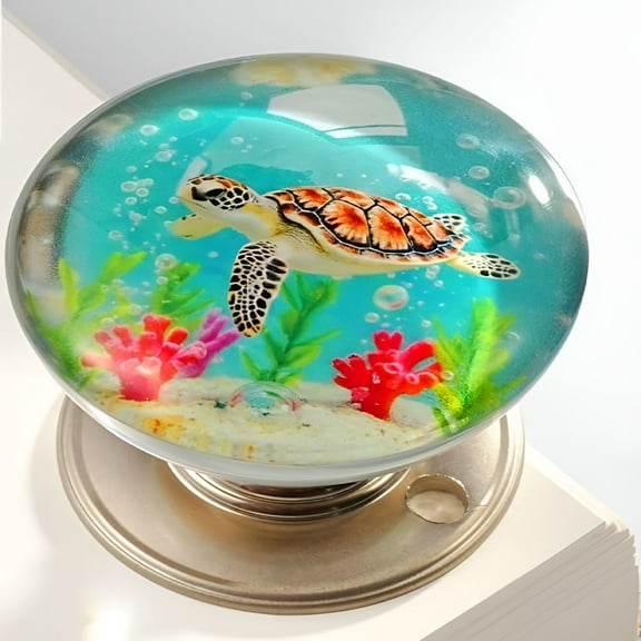 LAMIRO Epoxy Flower Door Knobs, Retro Round Resin Door Handle – Unique Decorative Crystal Knob for Cabinets, Drawers & Furniture – Nature-Inspired Animal & Floral Design (Green Sea Turtle)