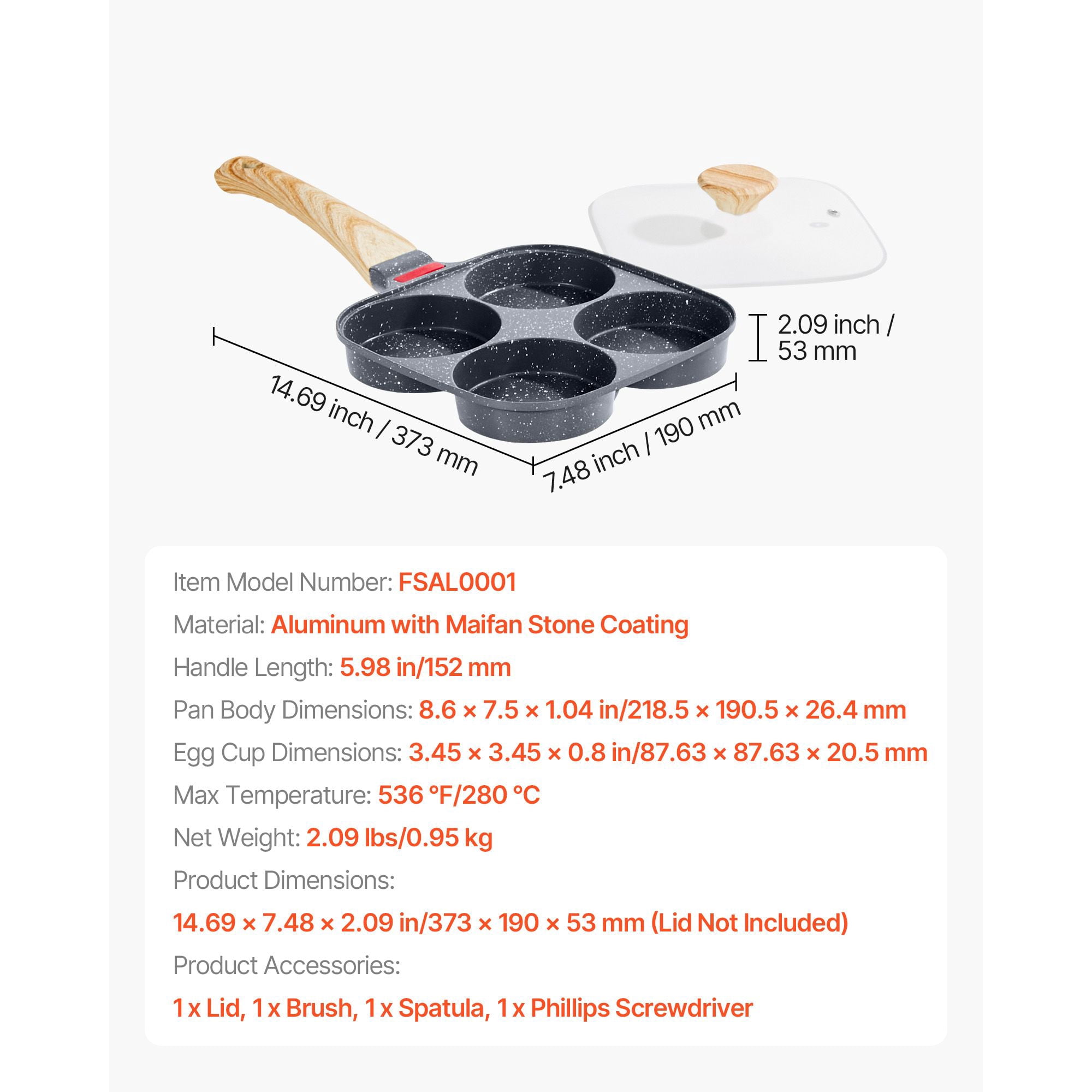 Egg Pan, 4-Cup Nonstick Egg Frying Pan, Aluminum Breakfast Omelette Skillet for Pancakes, Hamburgers, Sandwiches, with Lid, Oil Brush, Scraper, Compatible with Gas Stove & Induction Cookware