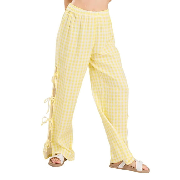 MEZZALL Little Girls Kids Wide Leg Gingham Pants Elastic High Waist Side Tie Loose Fit Plaid Trouser Lace Up Pants Cute Toddler Dailywear, Yellow, 7-8 Years