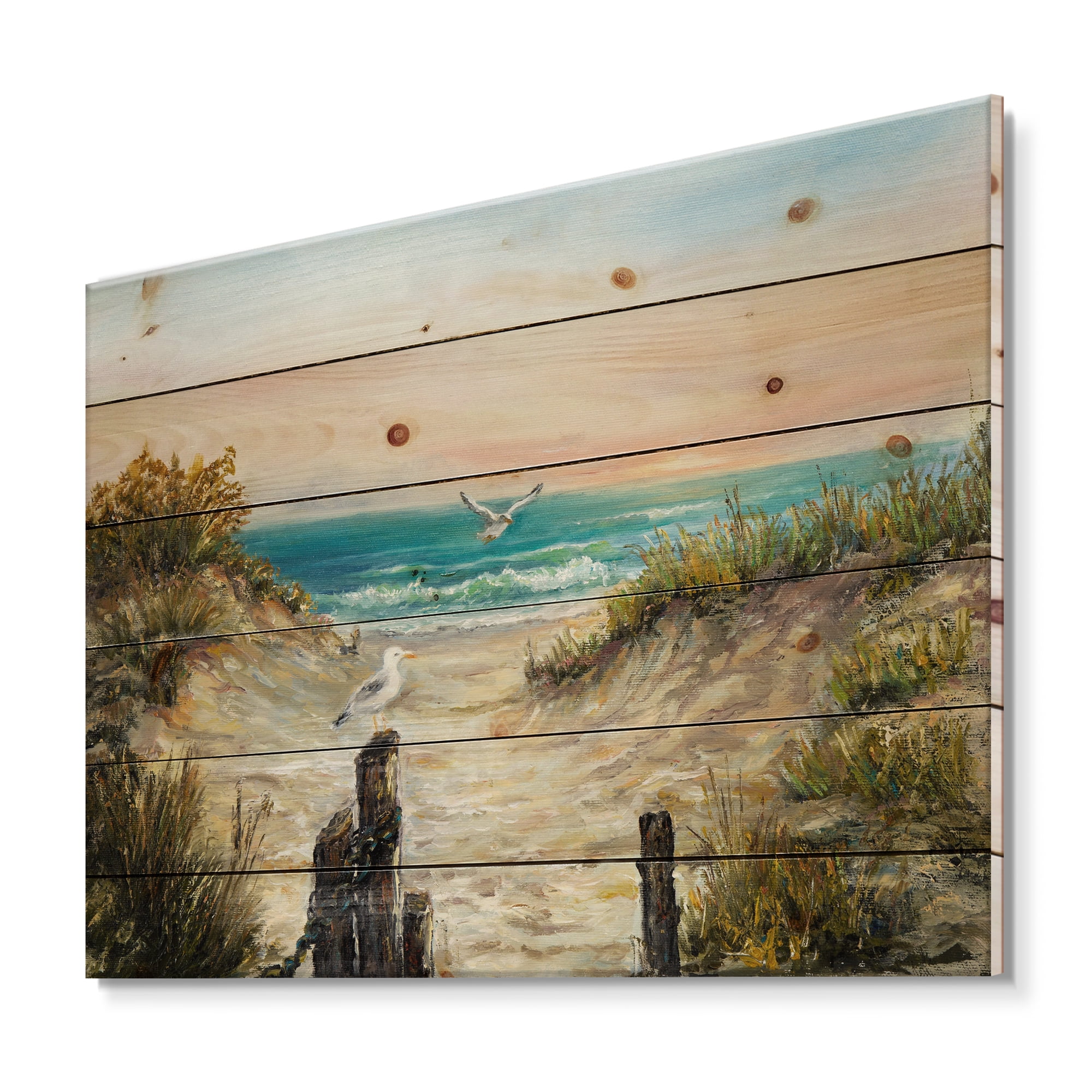 Designart 'Ocean Dunes During Pink Sinset on Beach' Nautical & Coastal Print on Natural Pine Wood
