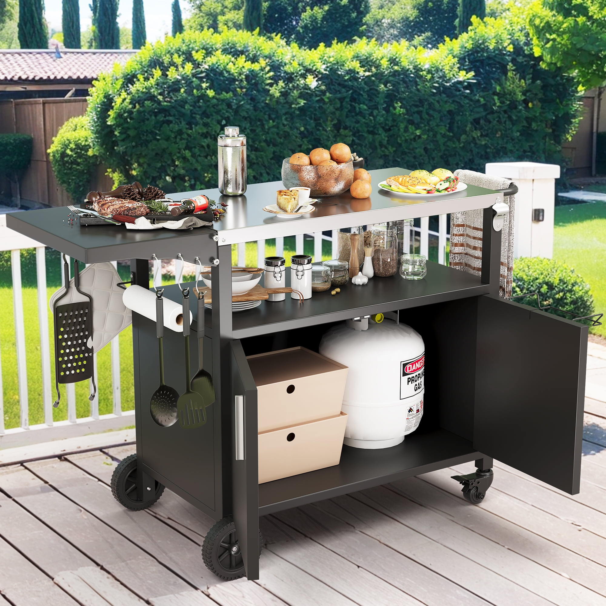 Walsunny Outdoor Grill Cart with Storage Cabinet, Outdoor Kitchen Island on Wheels, BBQ Grill Prep Table Movable Patio Storage Counter Foldable Tabletop, Black