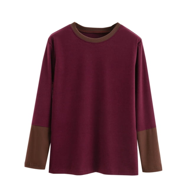 SROBPTY Longues Chemises à Manches pour Femmes, Mode Décontractée Col Rond Construction Interne Chemise Couleur Unie Manches Longues Vin, TTTG