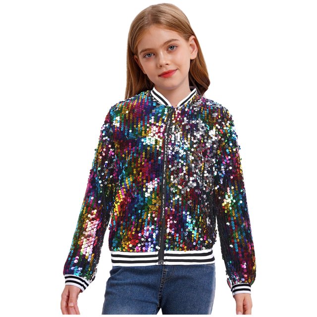 Yanarno Veste à Paillettes pour Filles, Veste Bomber à Paillettes pour Enfants à Fermeture Éclair, Manches Longues, Performance de Danse Hip-Hop, Colorée 14