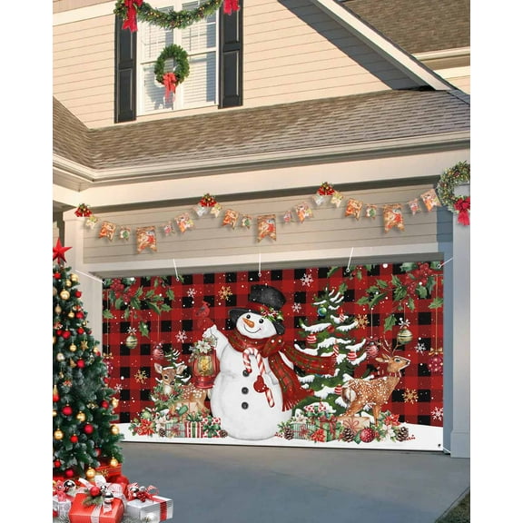 Fsddascl 6 x 13 Ft Christmas Garage Door Cover, Christmas Snowman Large Garage Door Banner, Xmas Snowflake Elk Tree Balls Red Plaid Hanging Garage Mural Background for Indoor Outdoor Party Supplies