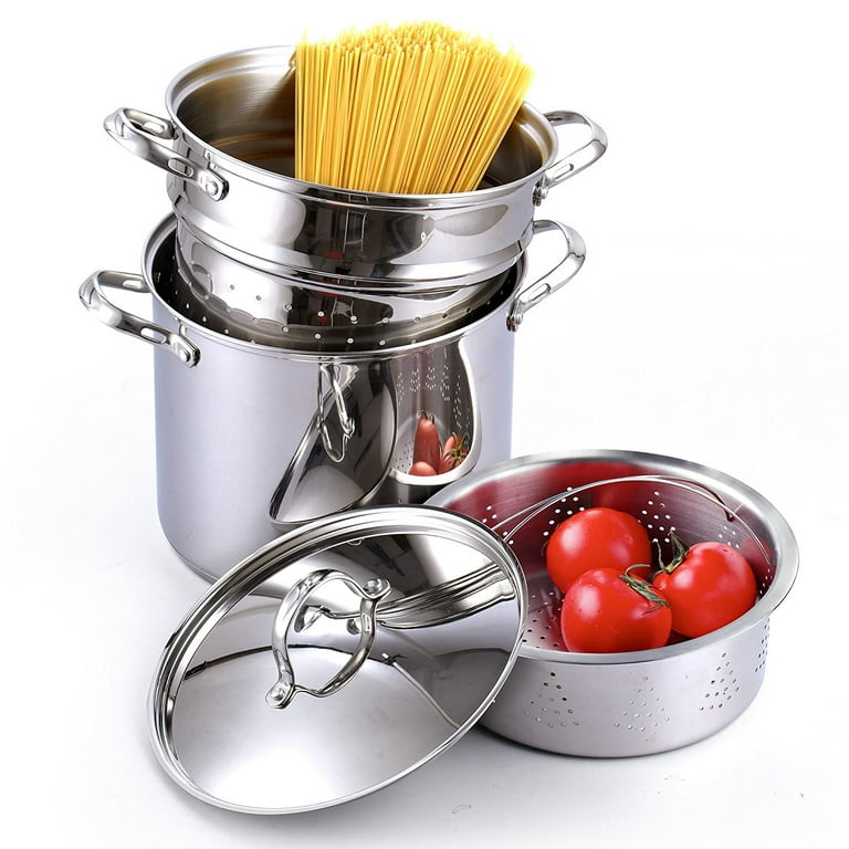 AVACRAFT 18/10 Stainless Steel, 4 Piece Pasta Pot with Strainer Insert,  Stock Pot with Steamer Basket and Pasta Pot Insert, Pasta Cooker Set with
