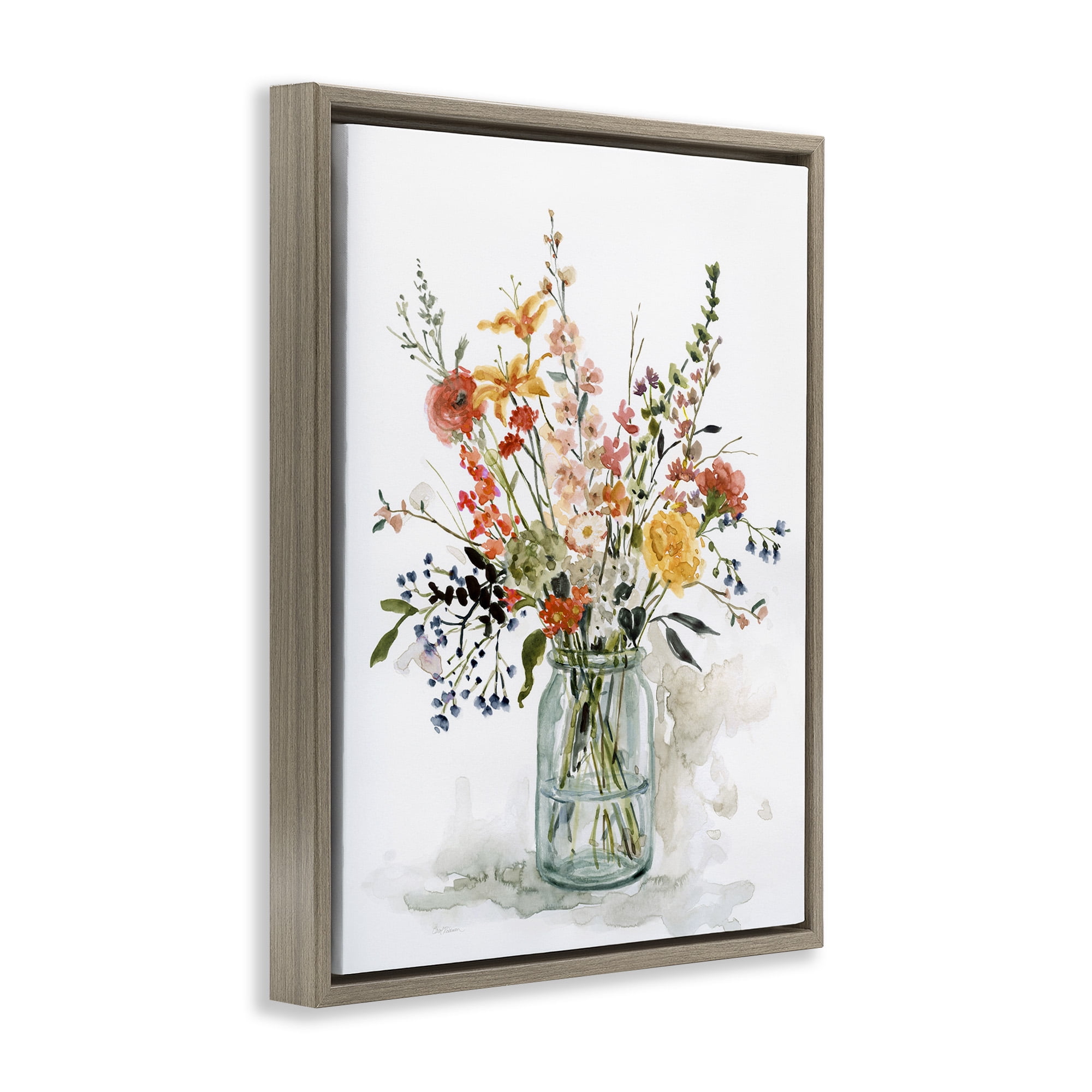 Stupell Industries Warm Summer Floral Bouquet Botanical & Floral Painting Brown Floater Framed Canvas Art Print Wall Art, 17 x 21