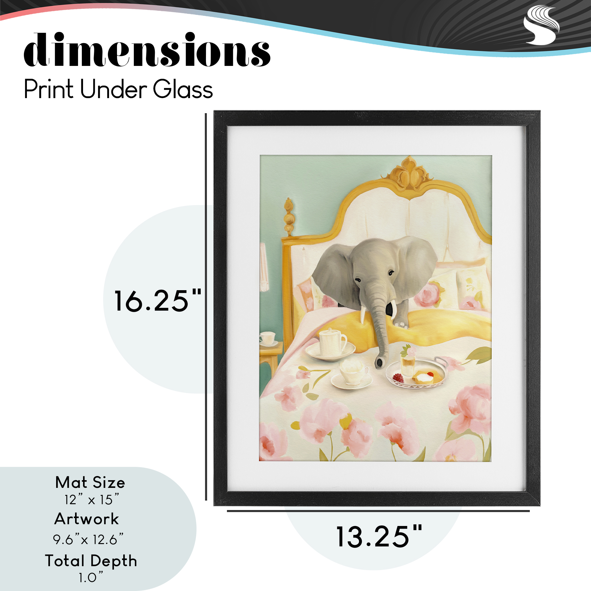 Breakfast in Bed Elephant Black Framed Print Under Glass, design by Leah Straatsma