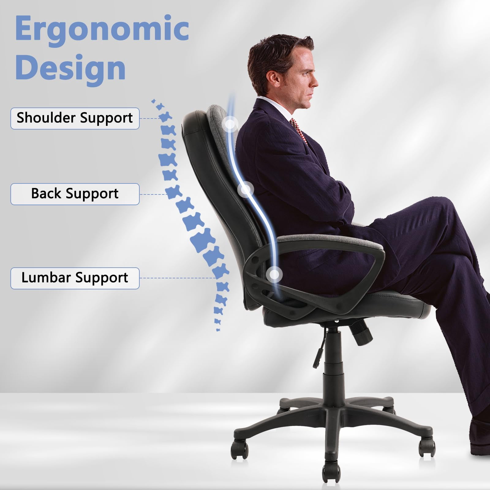 CLATINA Cloth Fabric Office Chair, 360° Swivel Rolling Desk Chair with Soft Upholstered Support Backrest, Adjustable Height Mid Back Ergonomic Computer Task Chairs with Arms and Wheels, Grey, 300LBS