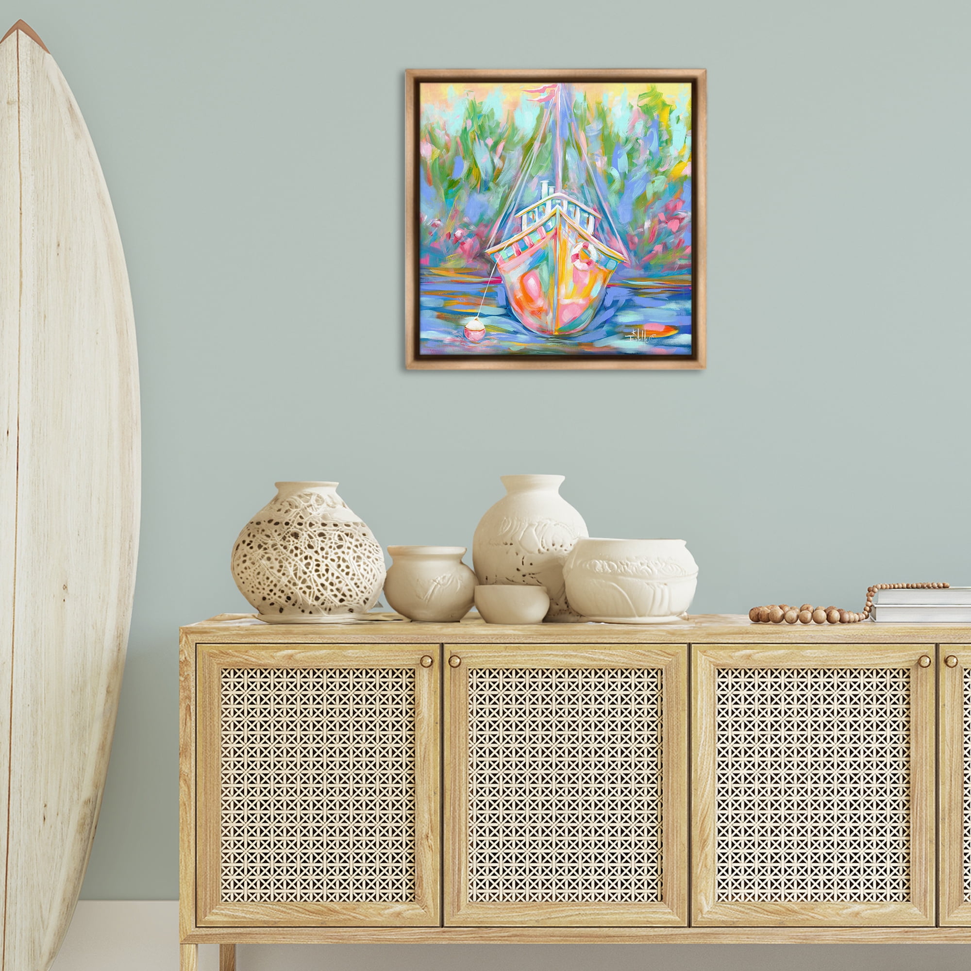 Stupell Industries Boat In Waiting Transportation Painting Brown Floater Framed Canvas Art Print Wall Art, 25 x 25