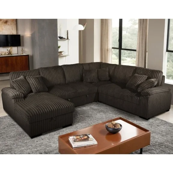 Modern Living Room U-Shaped Sectional Sofa Bed with Storage Chaise, Pillows, Left Facing Sleeper Sofa Couch, Brown