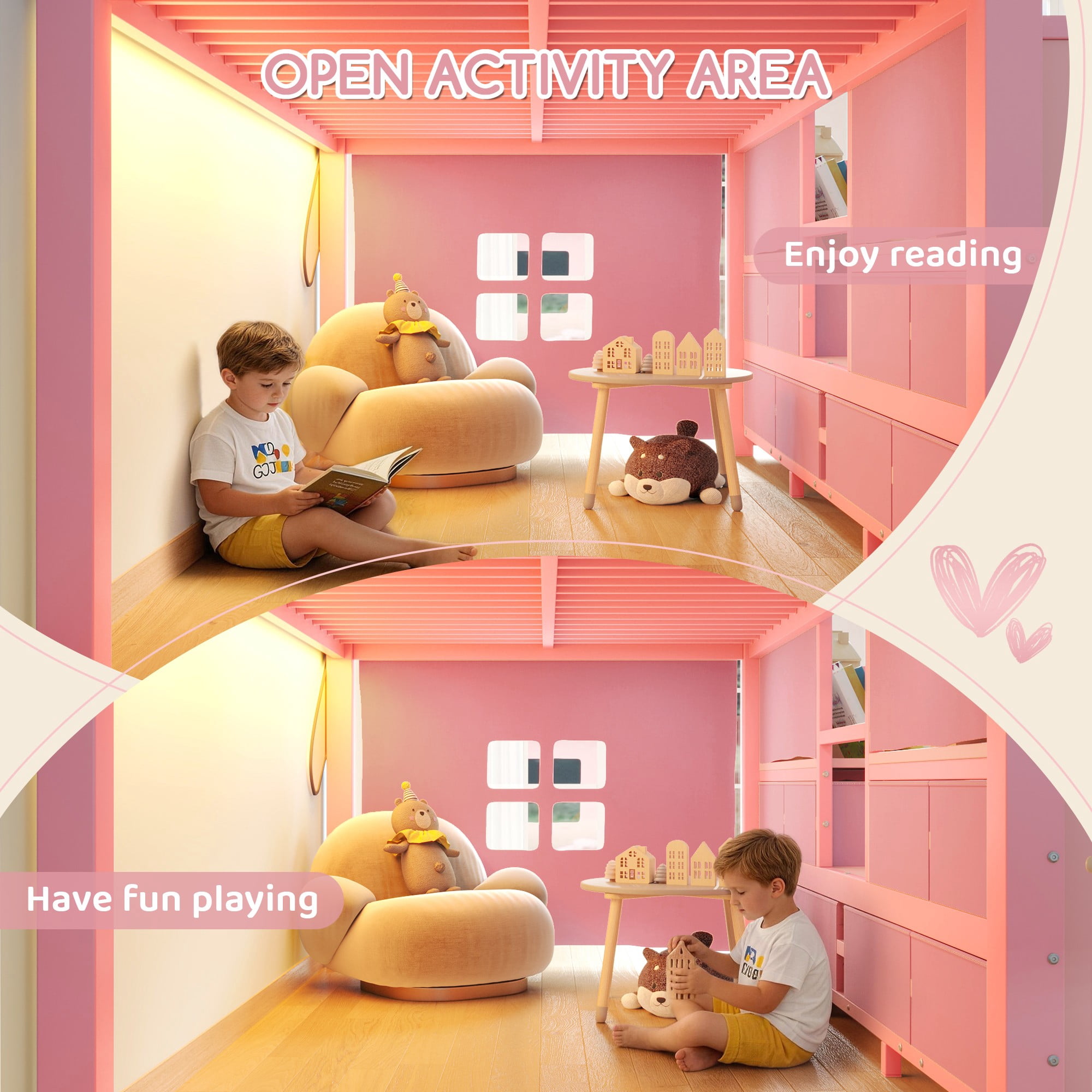 Aukfa Twin Low Loft Bed with 8 Storage Drawers, Shelves & LED Lights, Metal Loft Bed for Kids Bedroom, Pink