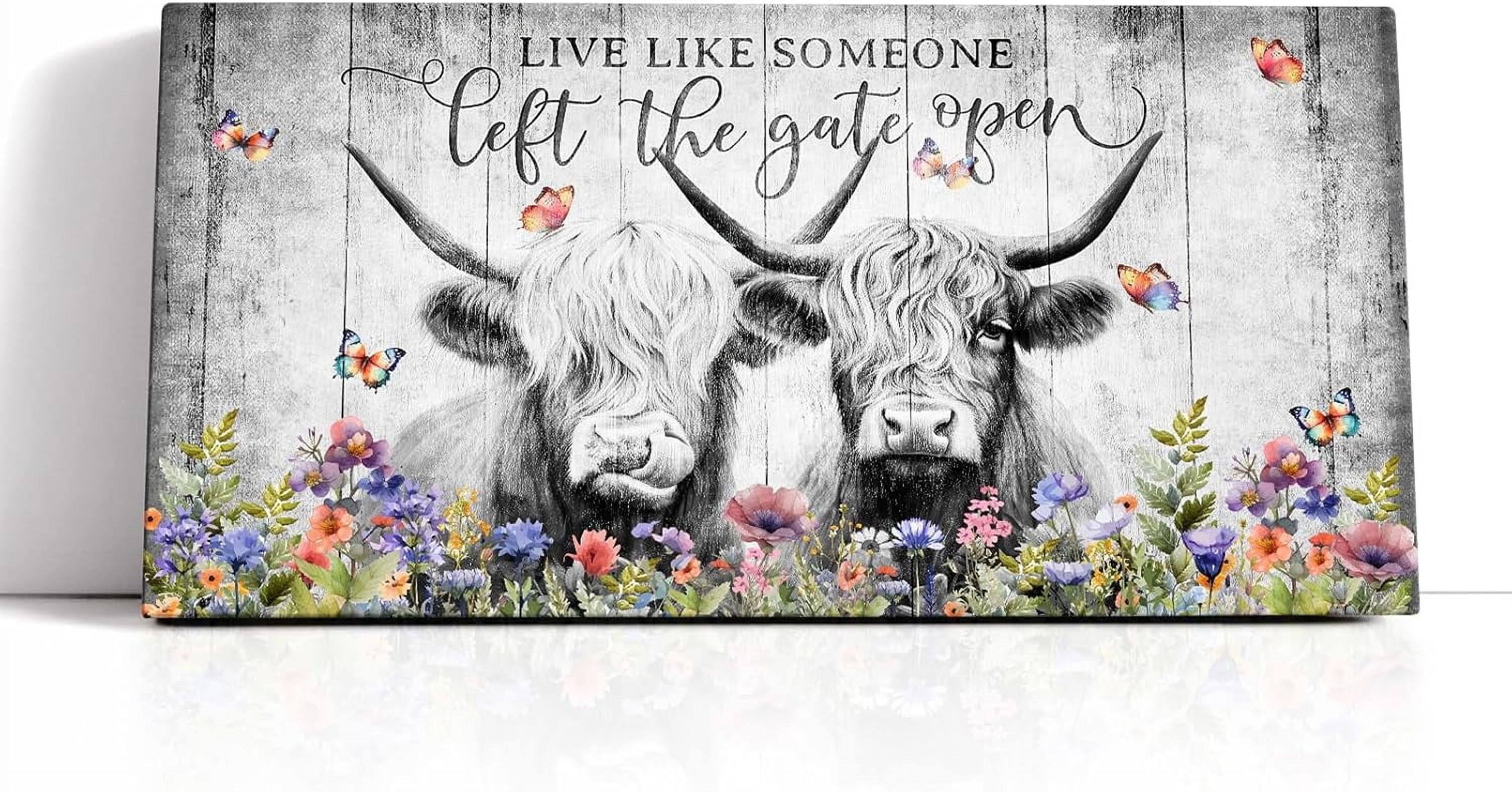 WFSposter Country Farmhouse Highland Cow Cattle Black And White in Watercolor Flower Wildflower Prints Painting Pictures Wall Art Wall Decor Canvas Framed Animal Artwork For Living Room Home Kitchen