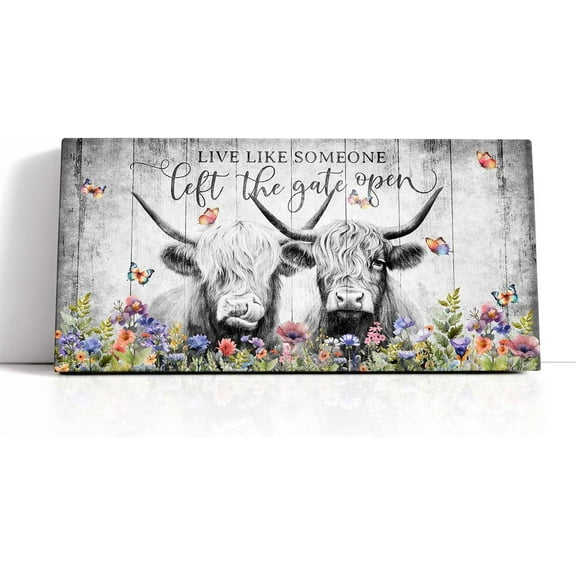 WFSposter Country Farmhouse Highland Cow Cattle Black And White in Watercolor Flower Wildflower Prints Painting Pictures Wall Art Wall Decor Canvas Framed Animal Artwork For Living Room Home Kitchen