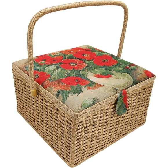 Sewing Basket Extra Large Capacity Sewing Kit Storage Box Dual Layer Vintage Spools Handmade Sewing Basket with Removable Tray for Needles Thread Tape Measure Thimbles