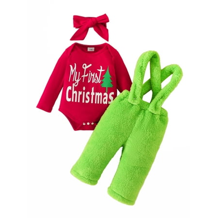 

Qtinghua 3Pcs Newborn Baby Girls Christmas Clothes Long Sleeve Letter Print Romper Suspender Pants Headband Set Red 3-6 Months
