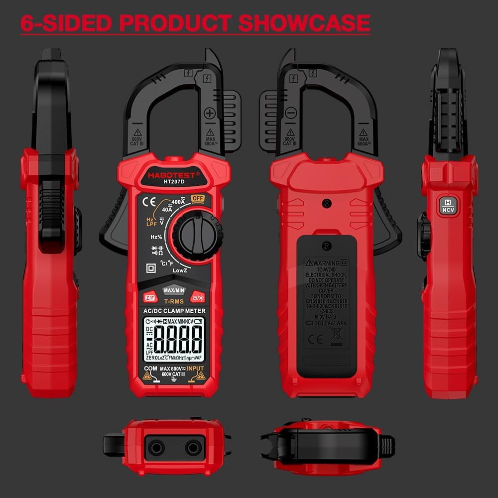 HT207D 4000 Counts Digital Clamp Meter, Handheld Multimeter, AC DC Voltage, Current Voltmeter, Diode Resistance, High Precision Multifunctional Digital Display Clamp Meter