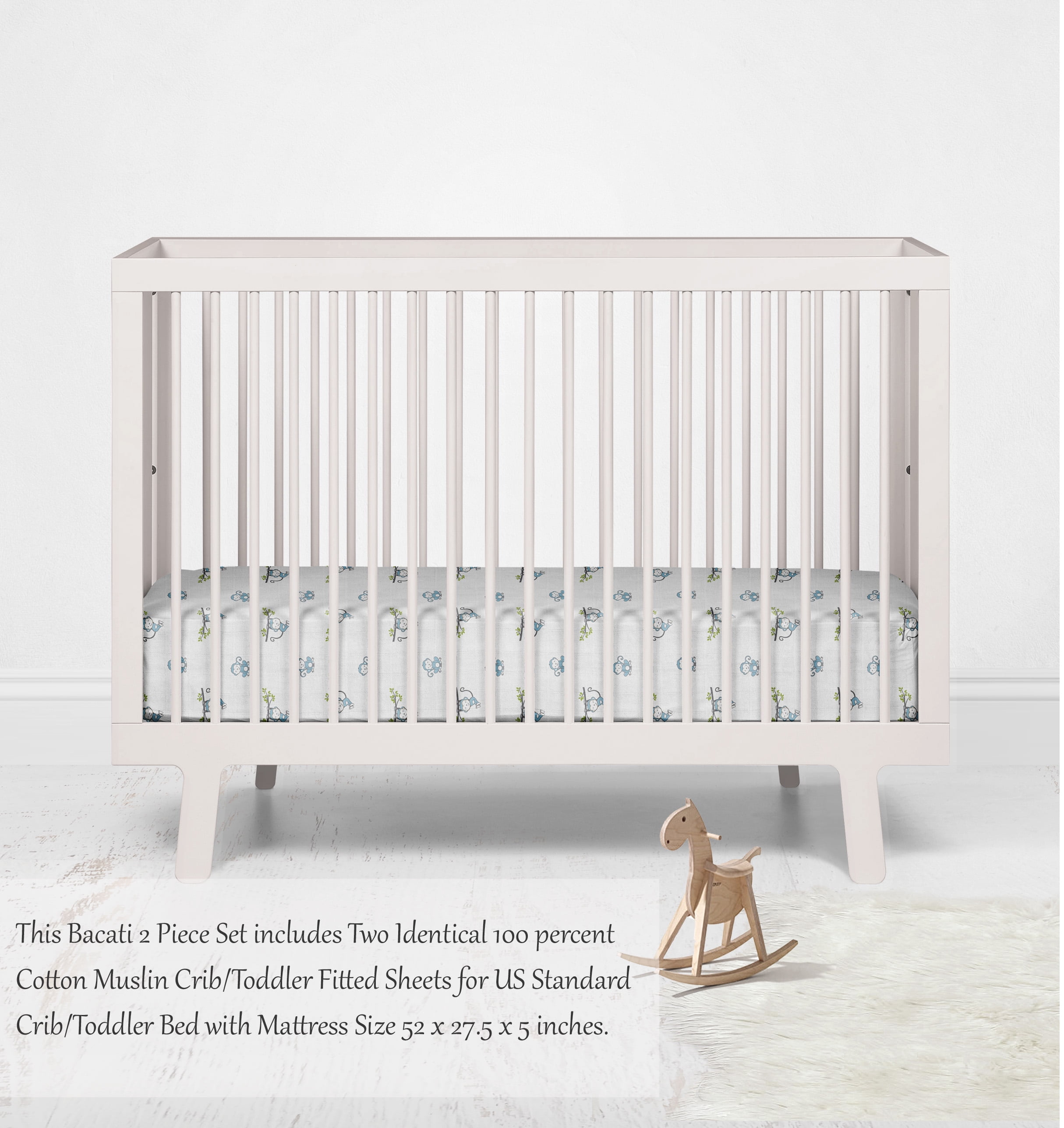 Bacati - Happy Monkeys Crib/Toddler Bed Fitted Sheets 100% Cotton Muslin 2 Pack, Blue