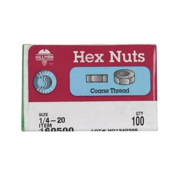 Hillman Hex Nuts 1/4 " Grade 5 Coarse Box 100 Piece