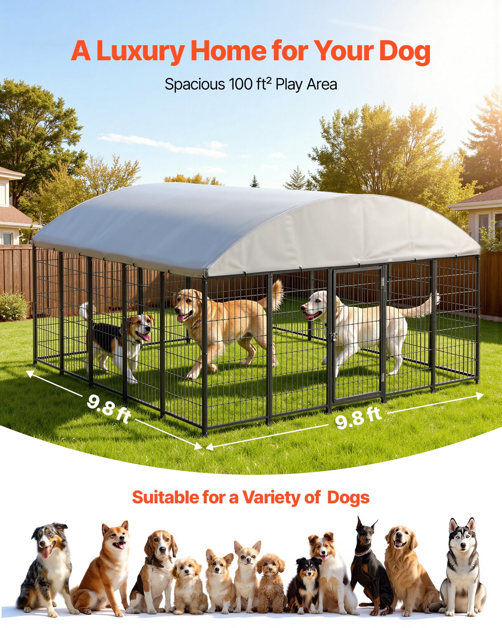 VEVOR Outdoor Dog Kennel, 9.8 x 9.8 x 5.4 ft Large Dog Kennel with Secure Lock, Outside Dogs Enclosures with UV-Resistant & Waterproof Roof Cover, Heavy Duty Pet Crate Cage Run for Large Dogs