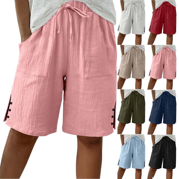 Bermuda Shorts Women Summer Casual Drawstring High Waisted Shorts Outdoor Beach Vacation Pedal Pusher with Pockets Pink S