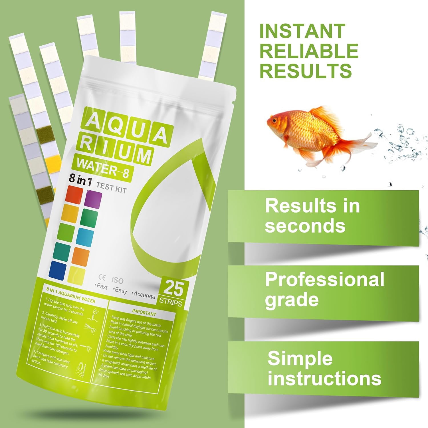 AAwipes Aquarium Ammonia Test Strips 8-in-1 |250 Strips Bag Packs| Quick & Accurate Water Testing Test pH, Carbonate, Alkalinity, Hardness, Chlorine, Nitrite, etc. (K02-250)