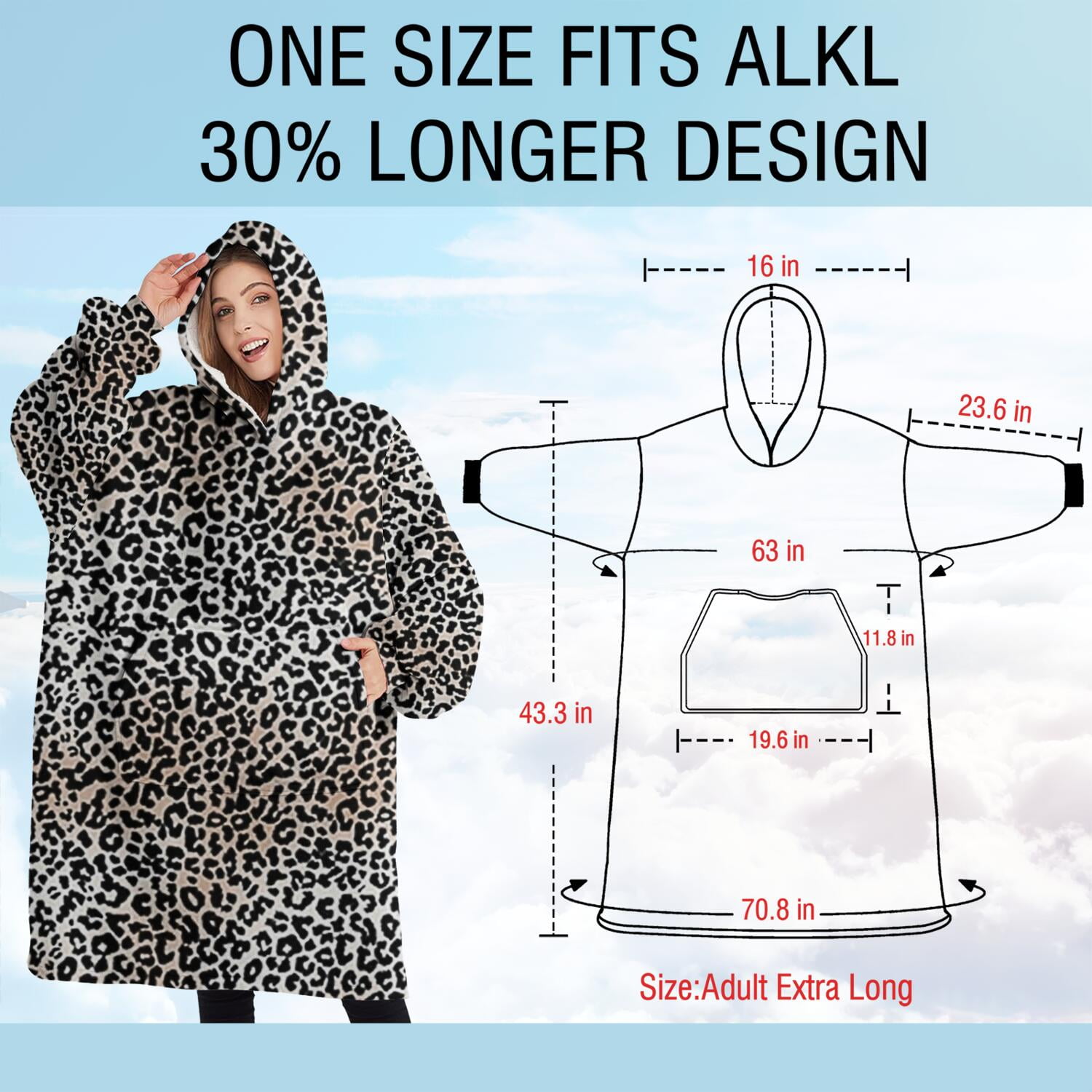 Oversized Wearable Blanket Hoodie,Black and Tan Leopard Print Sherpa Blanket Hoodie with Super Pockets,Super Warm Fuzzy Pullover for Women & Men