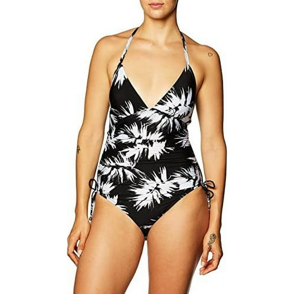 DKNY Womens Printed Adjustable Side Halter One-Piece Swimsuit, Black/White, 18