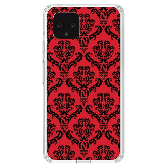 DistinctInk Clear Shockproof Hybrid Case for Google Pixel 4 (5.7" Screen) - TPU Bumper, Acrylic Back, Tempered Glass Screen Protector - Red Black Damask Pattern - Floral Damask Pattern