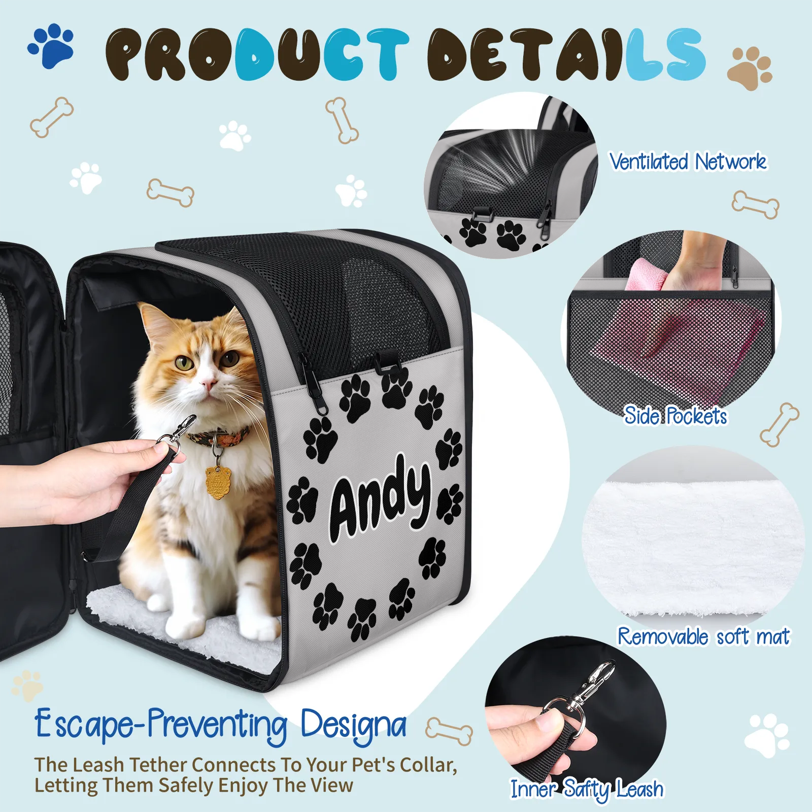 Custom Name Cat Carrier Backpack,Peresonalized Pet Backpack for Small Dogs & Cats Under 13lbs,Ventilated Pet Backpack Bag for Camping Biking Hiking Travel