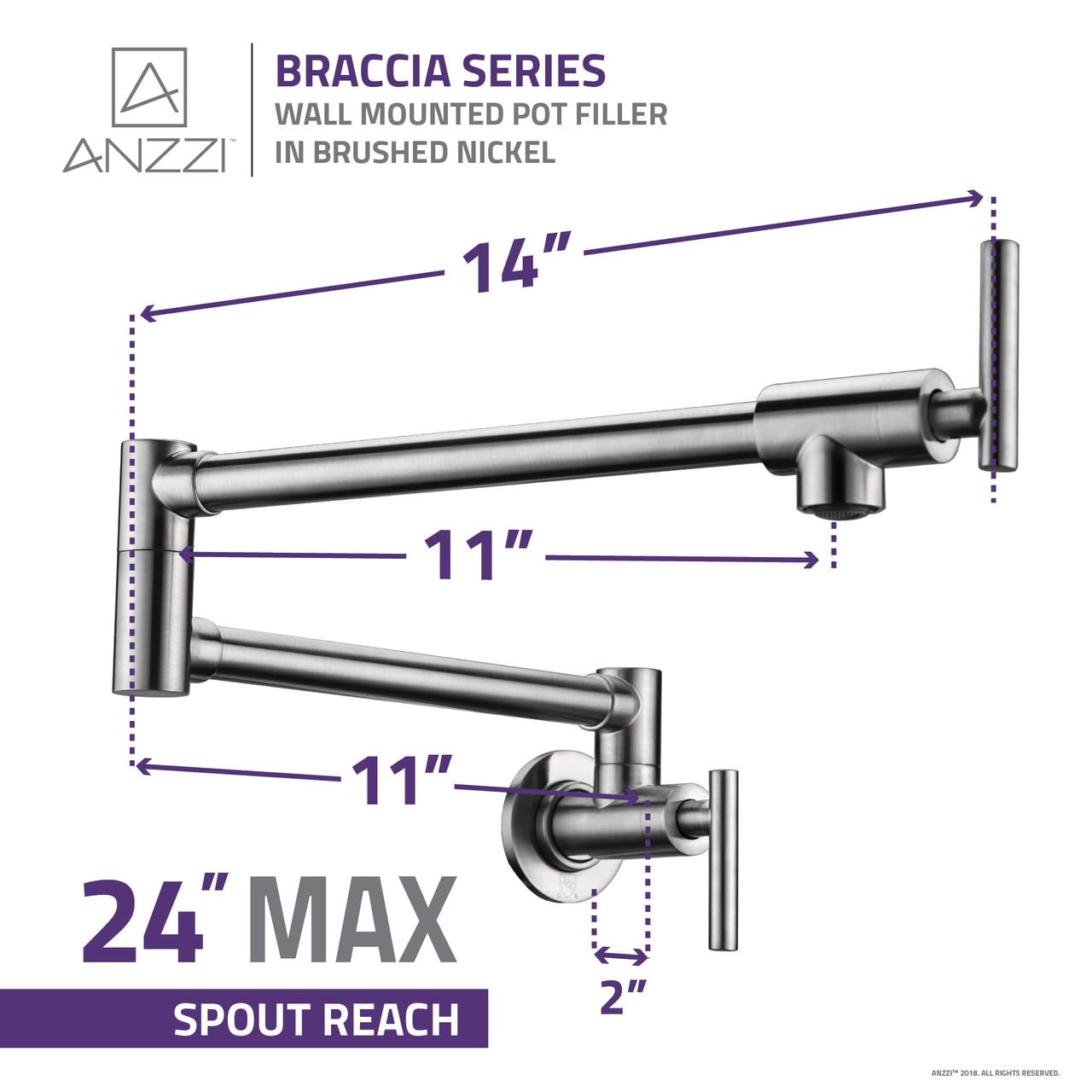 ANZZI Braccia Wall Mounted Double Handle Pot Filler in Brushed Nickel
