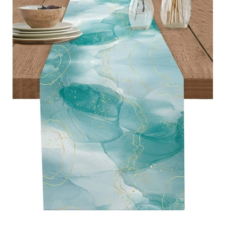 

Turquoise Ombre Marble Table Runner Yellow Modern Geometric Abstract Art Tablerunners 13 x 60 Inch Table Decorations Tabletop Scarf for Summer Gathering Holiday Farmhouse Kitchen Dining Decor
